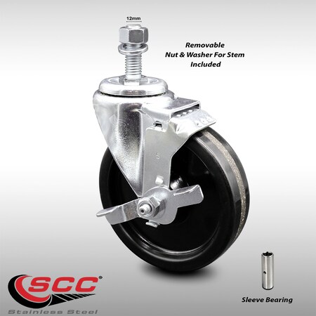 Service Caster 5 Inch SS Phenolic Wheel Swivel 12mm Threaded Stem Caster with Brake SCC SCC-SSTS20S514-PHS-TLB-M1215